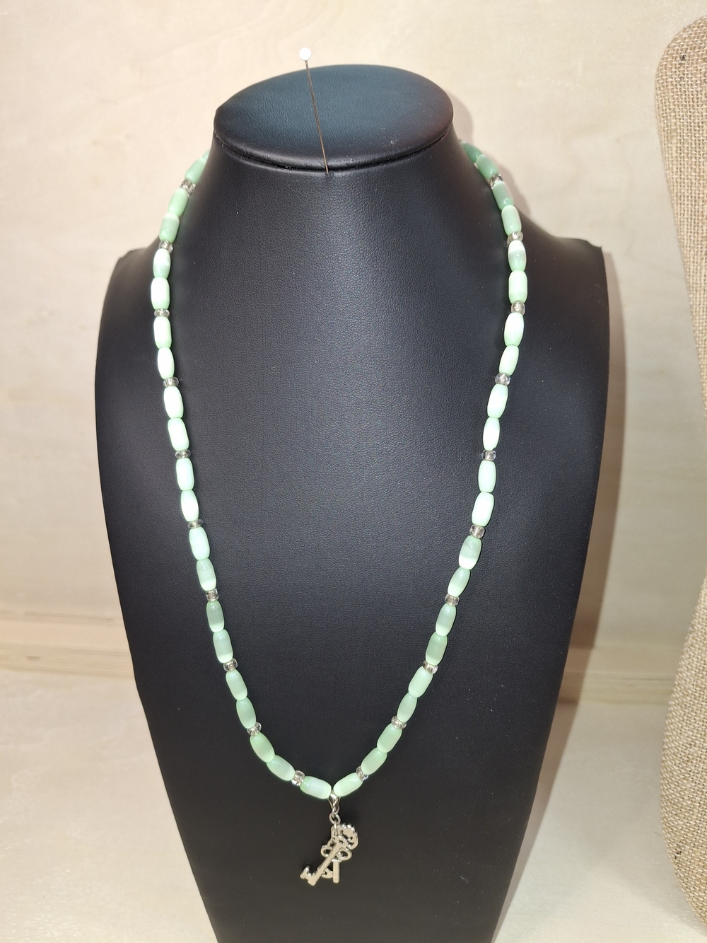 Mint Cat Eye Green Beaded Necklace with Key Charm